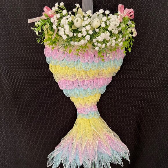Mermaid Wreath with Baby's Breath Made out of Deco Mesh - Picture 2 of 2